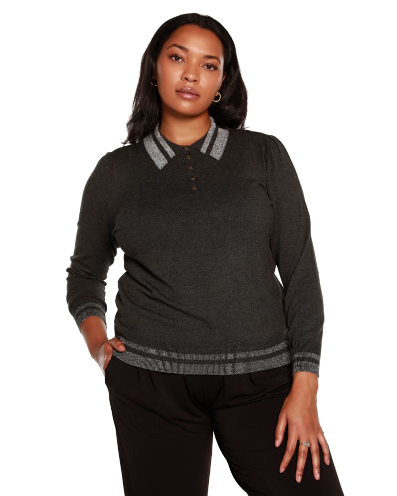 Front of a model wearing a size 2X Plus Size Puff Sleeve, Button-Front Henley in Heather Charcoal/Silver by Belldini. | dia_product_style_image_id:319440